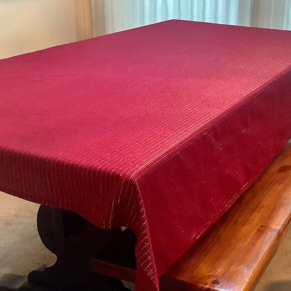 Christmas Tablecloth Red w/ Red Gold Green Metallic Stripes. Long - Picture 3 of 7